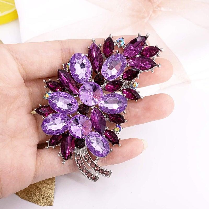 LAXPICOL Vintage Purple Austrian Crystal Flower Leaf Bouquet Clusters Large Big Brooch Pin For Women Jewelry - Image 4